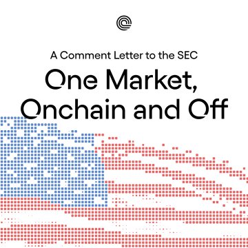 Cover graphic for 'A Comment Letter to the SEC' titled 'One Market, Onchain and Off,' featuring a stylized American flag made of blue and red dots with an '@' symbol at the top.