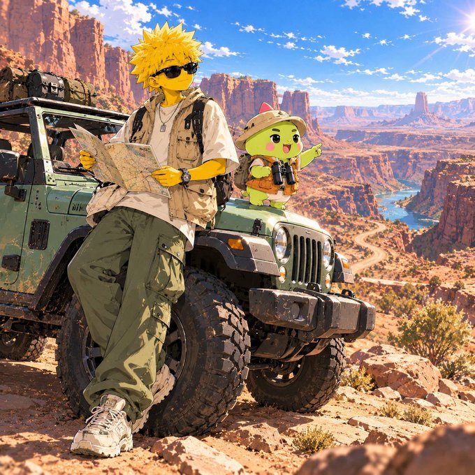 An anime-style illustration of a yellow character with spiky hair reading a map while leaning on a green Jeep, with a small green mascot wearing a safari hat on the hood, set in a desert canyon landscape.