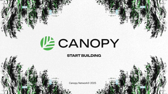 The image features the Canopy Network logo and the tagline "START BUILDING" against a textured backdrop of forest silhouettes in black and green, with "Canopy Network© 2025" noted at the bottom. The forest imagery visually echoes the "canopy" name and concept, reinforcing the post's idea of Canopy as a shared, overarching security "forest" where multiple blockchain chains grow together under one protective layer rather than each building isolated defenses.