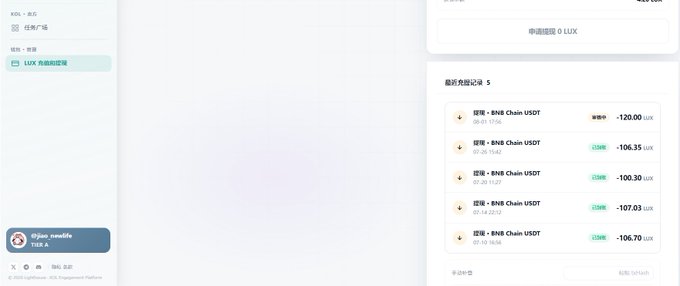 A screenshot of the Lighthouse withdrawal page shows a recent withdrawal history list with multiple entries for "提现 - BNB Chain USDT," displaying amounts of -120.00 LUX, -106.35 LUX, -106.30 LUX, -107.03 LUX, and -106.70 LUX on various dates. The image illustrates the user's experience of withdrawing over 500 LUX within less than a month while highlighting the relatively high per-transaction fees.