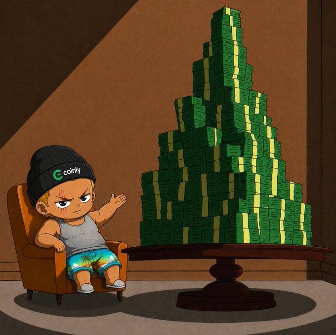 A cartoon-style illustration of a young boy wearing a beanie with 'coinly' on it, sitting in a chair next to a massive pile of banded money on a table.