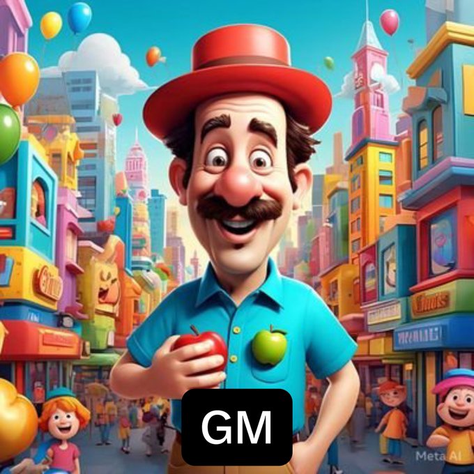AI-generated cartoon illustration of a smiling man with a mustache wearing a red hat and teal shirt, holding a red apple in a colorful cityscape, with 'GM' text overlaid and 'Meta AI' watermark visible.