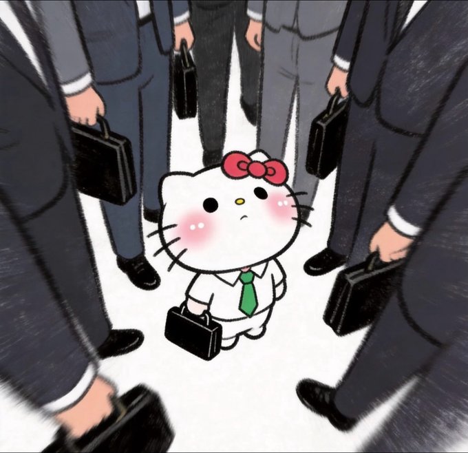 An illustration of Hello Kitty dressed in a business suit with a green tie, holding a briefcase while surrounded by a circle of businessmen also carrying briefcases.