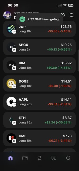 The image shows a phone screen displaying various stock market symbols, including Bitcoin, Apple, and Ethereum. The text "Long 10x" can be seen, which might indicate that these stocks have been chosen for their potential long-term growth. The post also mentions that the stocks are currently at $3.49 each, with a price change of -0.4% to +0.6%.