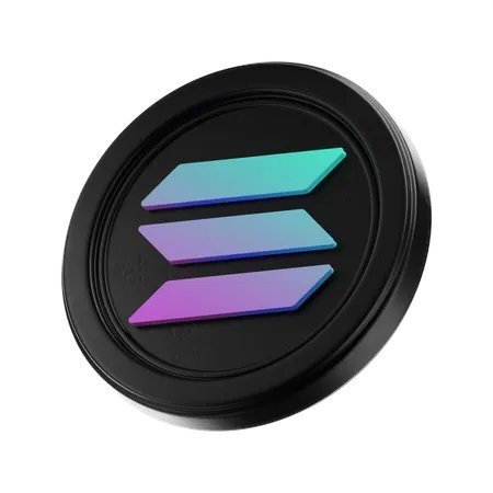 A circular black coin or token featuring the Solana logo with its distinctive three-bar emblem in gradient colors of teal, blue, and purple.