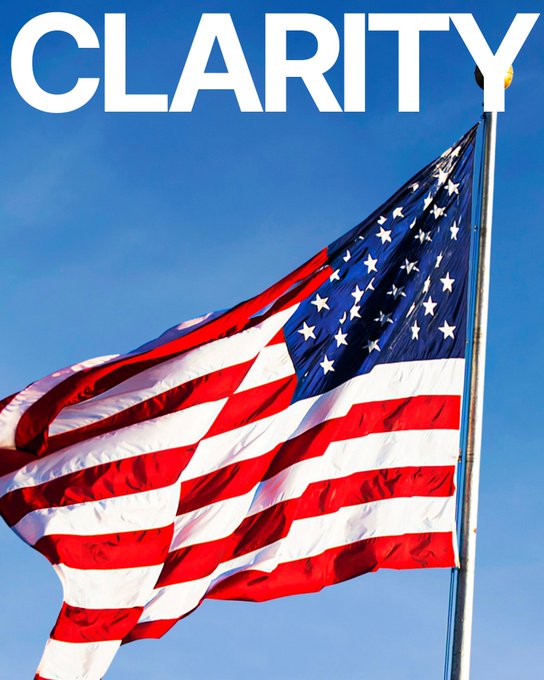 An American flag waves against a clear blue sky, with the word 'CLARITY' printed in large white capital letters across the top.