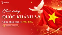 A red banner with a Vietnamese flag and a dove, containing the text 'Chúc mừng QUỐC KHÁNH 2-9' (Happy National Day 2-9) and 'Cùng nhau chia sẻ 1000 TRX' from 2/9/2024 - 10/9/2025, with a TRON logo.