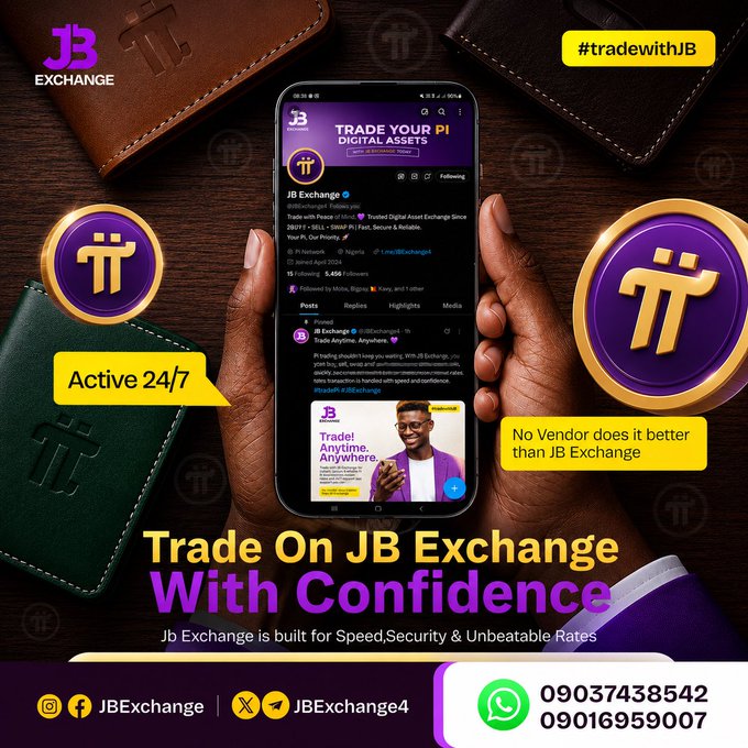 A promotional advertisement for 'JB Exchange' features a hand holding a smartphone displaying the JB Exchange Twitter page, alongside text promoting Pi digital asset trading and contact numbers (09037438542, 09016959007).
