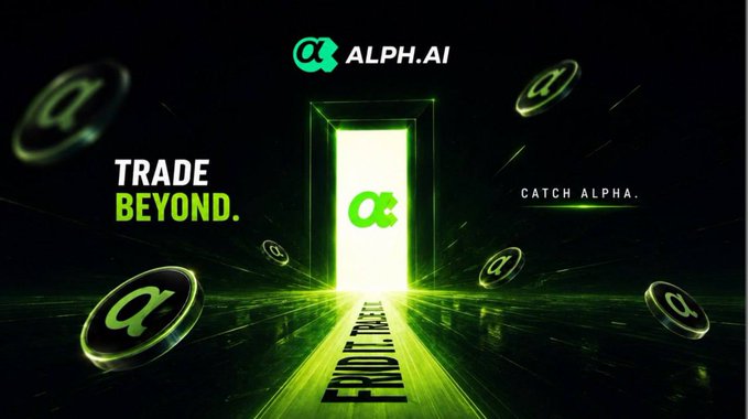 A promotional banner for ALPH.AI featuring a glowing green portal with the taglines 'TRADE BEYOND.' and 'CATCH ALPHA.' alongside floating coin logos and the word 'PROTECTED' on the floor.