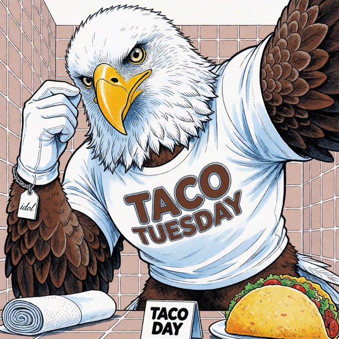 An illustrated bald eagle wearing a white t-shirt with 'TACO TUESDAY' printed in brown letters flexes its wings in a bathroom setting, with a taco and rolled towel on the counter below.