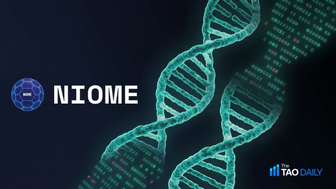 A graphic for 'NIOME' featuring a DNA double helix surrounded by binary code against a dark background, with 'The TAO DAILY' logo in the bottom right.
