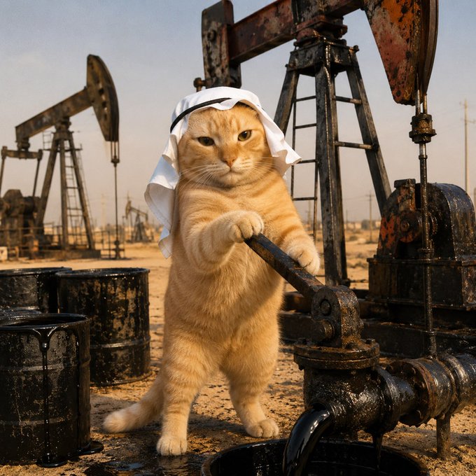 AI-generated image of a chubby orange cat wearing a white keffiyeh and operating an oil pump jack in a desert with black oil barrels.