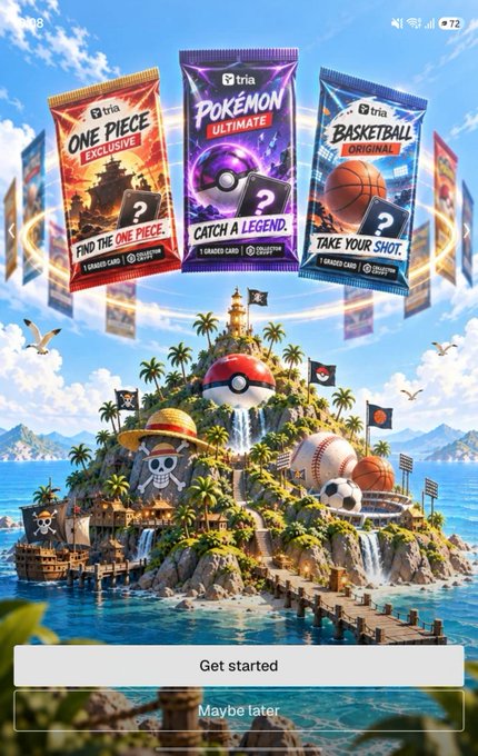 A promotional mobile app screen for "Tria" displays three digital card packs for Pokémon Ultimate, One Piece Exclusive, and Basketball Original, each marked "Want to try?" and "1 GRADED CARD," set against a tropical island themed with pirate flags, a Pokéball centerpiece, and sports balls, with "Get started" and "Maybe later" buttons below. The image visually represents Tria's new on-chain gacha launch referenced in the accompanying post.