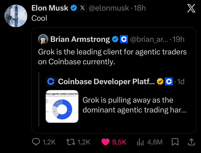 A screenshot of an X (Twitter) post by Elon Musk (@elonmusk) saying 'Cool', quote-reposting a tweet from Brian Armstrong (@brian_ar...) stating 'Grok is the leading client for agentic traders on Coinbase currently,' with a quote-tweet from Coinbase Developer Platform noting 'Grok is pulling away as the dominant agentic trading har...'