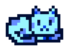 A small pixel-art illustration of a light blue, cat-like creature with tiny wings and a smiling face, set against a white background.