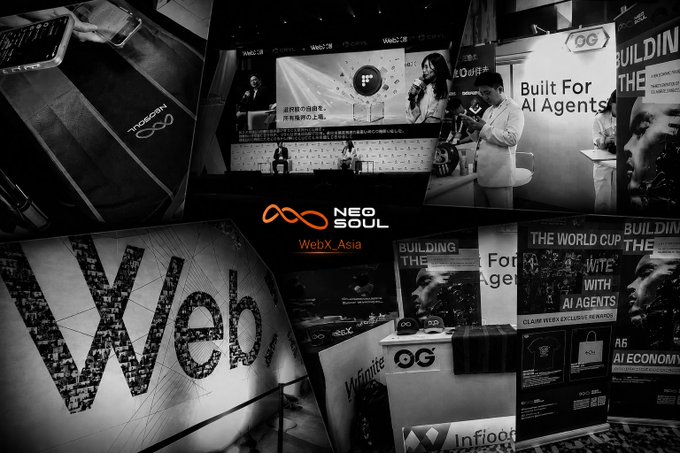 A black and white collage of photos from the 'WebX_Asia' / 'NEO SOUL' event, featuring stage presentations, banners reading 'Built For AI Agents', 'THE WORLD CUP WITH AI AGENTS', 'THE AI ECONOMY', and large 'Web' signage.
