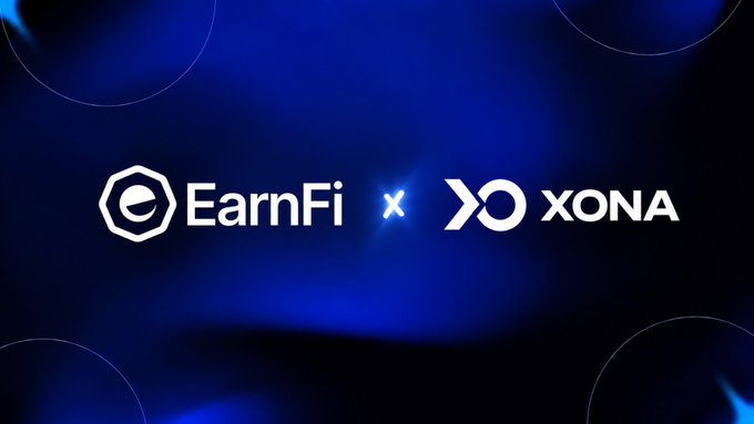 The image features the EarnFi and Xona logos side by side with a blue “×” on a dark blue background. It promotes Xona Agent joining the EarnFi Agent Marketplace, where users can access AI-powered creative services for image, video, and music generation.