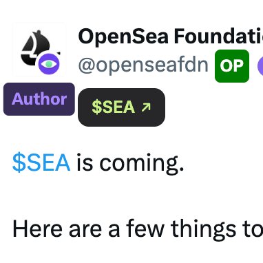 The image shows a partial screenshot of a post from the OpenSea Foundation (@openseafdn) with an "Author" badge, where "OP" has written "$SEA is coming. Here are a few things to..."—teasing the launch of a $SEA token. This relates to the accompanying comment suggesting OpenSea should conduct a $SEA airdrop with no warning, as a surprise to their users.