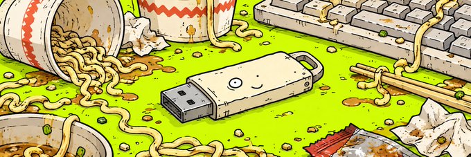A cartoon-style illustration depicting a hardware crypto wallet (resembling a Trezor/Ledger) with a cute face, lying on a green surface surrounded by spilled instant noodles, keyboards, and food scraps.