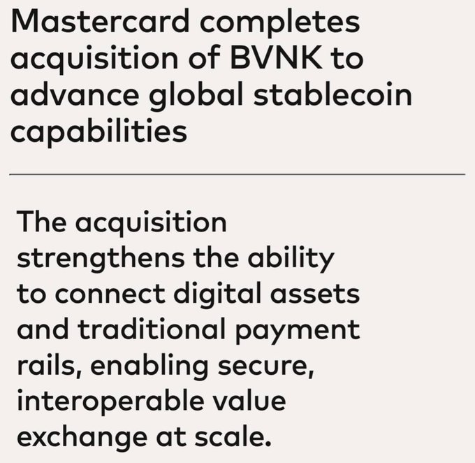 The image displays a news headline announcing "Mastercard completes acquisition of BVNK to advance global stablecoin capabilities," with a subheading noting that the deal strengthens the connection between digital assets and traditional payment rails. The text directly complements the breaking news post about Mastercard's $1.8 billion acquisition of the stablecoin startup BVNK.