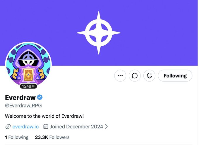 A social media profile for 'Everdraw' (@Everdraw_RPG), an RPG with 23.3K followers, linked to everdraw.io and joined December 2024.