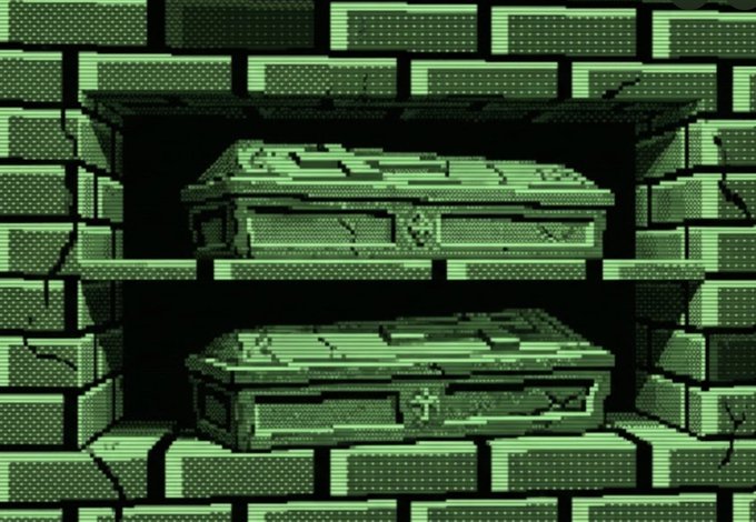 A retro-style pixel art image showing green, blocky stone walls and platforms arranged in a symmetrical, dungeon-like pattern.