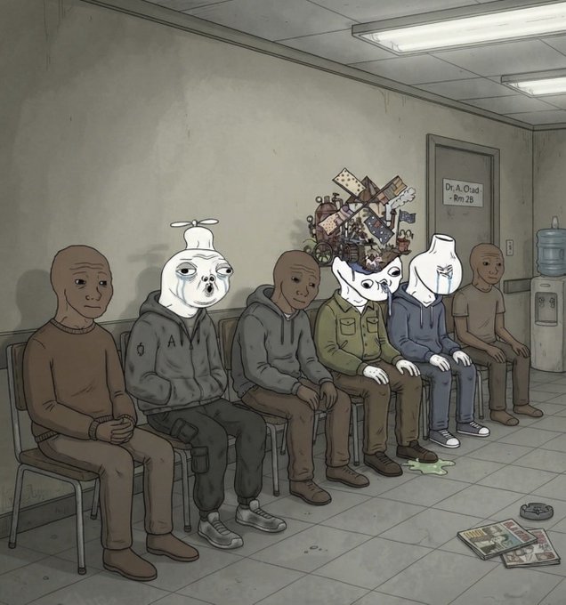 Illustration of several sad characters sitting in a drab waiting room outside 'Dr. A. Chad - Rm 2B', including figures with white heads, one with a crown of junk on its head, and magazines on the floor.