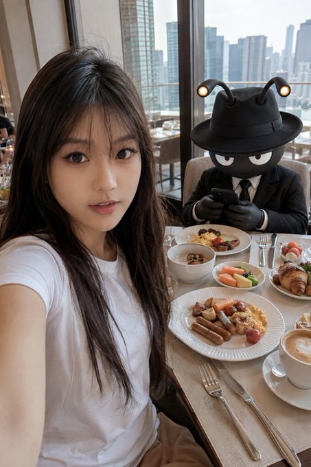 A selfie of a young woman with long dark hair sitting at a restaurant table filled with various dishes, alongside a black cartoon-like character in a suit and hat looking at a phone, with a city skyline visible through the window behind them.
