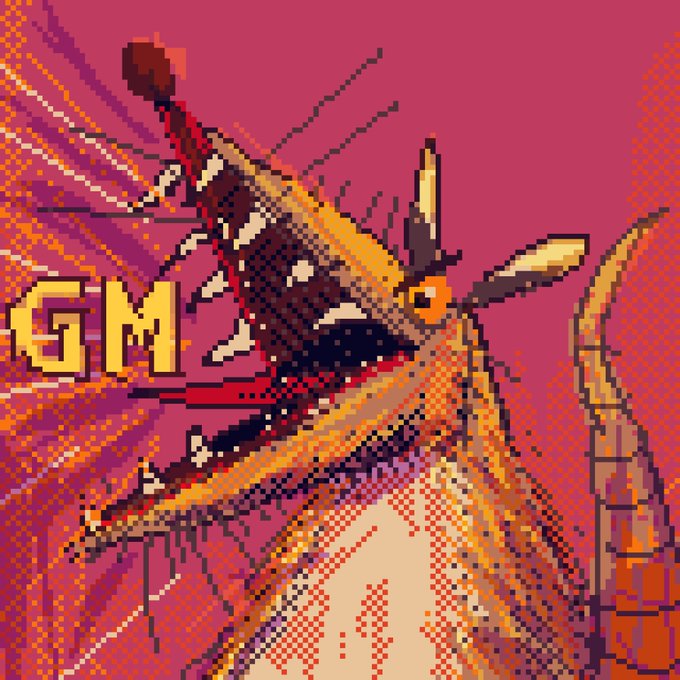 A retro pixel-art illustration shows a dramatic scene of a creature being struck with the text 'GM' in bold yellow letters against a vibrant magenta and orange background.