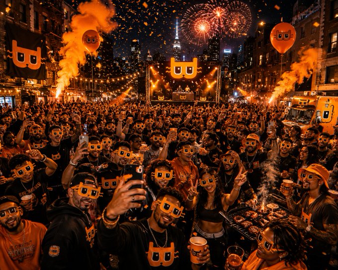 AI-generated party scene in a city at night with a crowd of people wearing orange masks, fireworks, and stage lights.