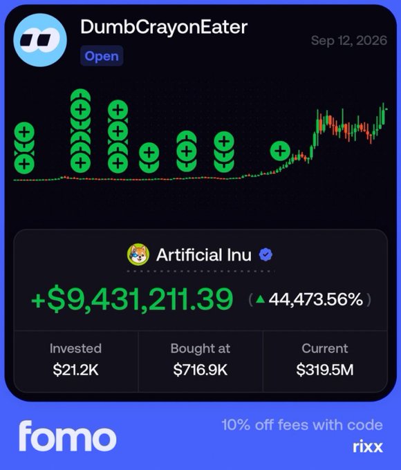 A promotional graphic for the trading platform "fomo" showcases a user's impressive gains, featuring a profile for "DumbCrayonEater" dated Sep 12, 2026, with a candlestick chart overlaid with stacks of green "+" icons illustrating an upward trend. The chart highlights a position in "Artificial Inu," showing a profit of "+$9,431,211.39" with a 44,473.56% increase from an initial $21.2K investment to a current value of $319.5M, visually supporting the accompanying Telegram call praising massive returns on the $AI token.