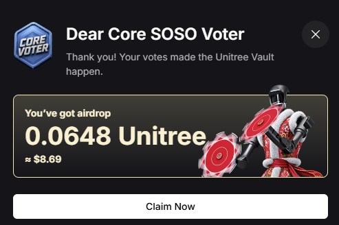 A "Core Voter" notification thanks a user for voting on the Unitree Vault, revealing an airdrop of 0.0648 Unitree tokens (≈$8.69) with a "Claim Now" button, which illustrates the SoDEX allocation discussed in the post.