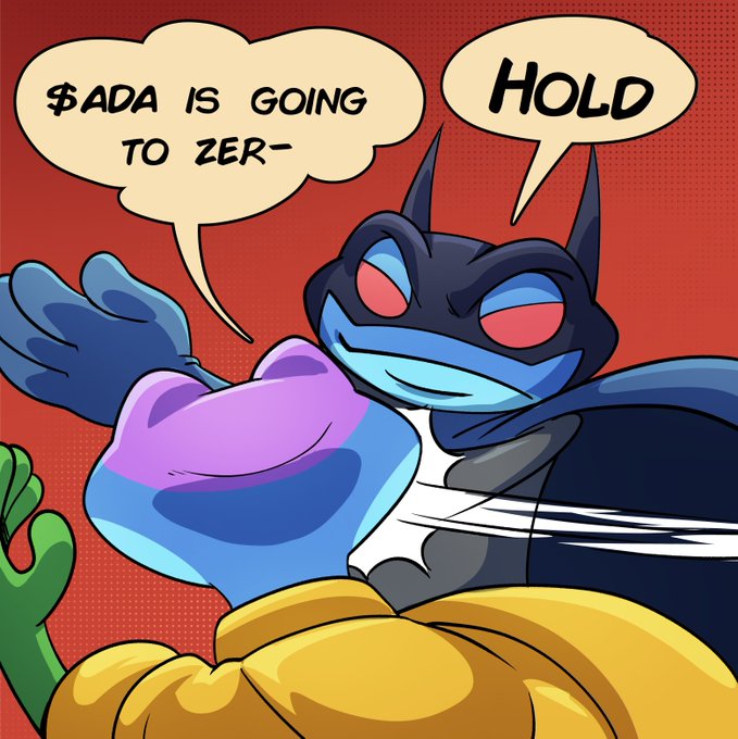A cartoon panel featuring a black and blue character holding up a blue-gloved hand, with speech bubbles reading '$ADA IS GOING TO ZER-' and 'HOLD'.