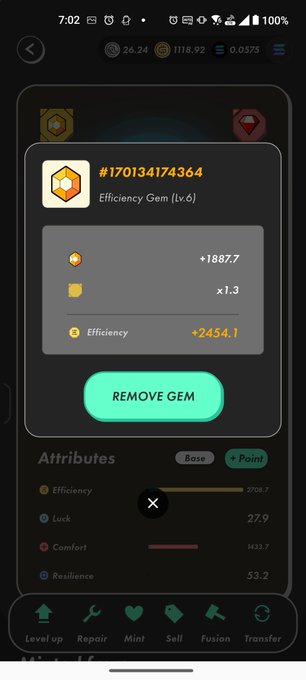 A mobile game screenshot displaying an 'Efficiency Gem (Lv.6)' with the ID #170134174364, showing bonuses of +1887.7 and x1.3 for a +2454.1 Efficiency boost, with a 'REMOVE GEM' button and player attributes below.