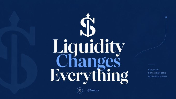 Dark blue graphic with a large dollar sign logo and the text 'Liquidity Changes Everything' in white and blue, along with 'BUILDING REAL ECONOMIC INFRASTRUCTURE' and the Twitter handle '@Qxndra'.