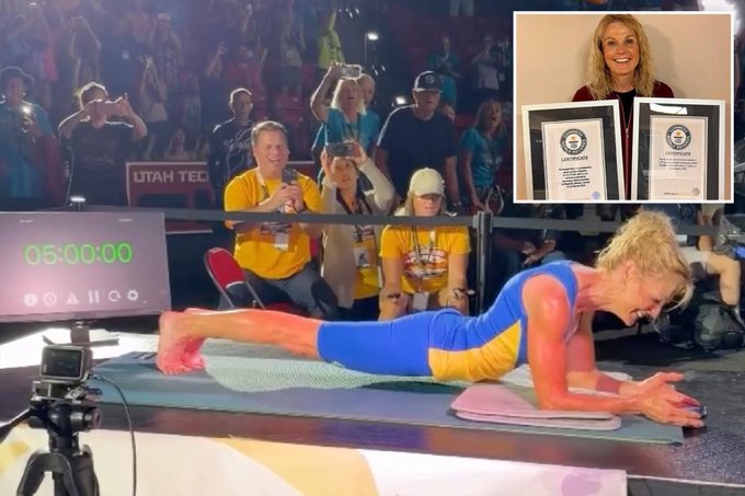 A woman in a blue and yellow outfit performs a plank exercise while spectators in yellow shirts watch, with a timer reading "05:00:00"; an inset image shows a smiling woman holding two Guinness World Records certificates.