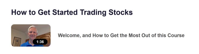A course thumbnail titled 'How to Get Started Trading Stocks' featuring a video preview of an older man in a blue shirt, with the lesson 'Welcome, and How to Get the Most Out of this Course' (1:36 duration).