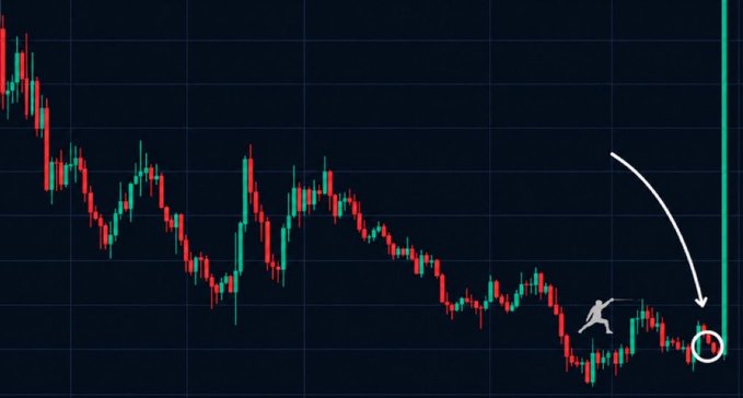 A candlestick chart on a dark background shows a meme coin's downtrend, with a small stick figure annotation appearing to be pushed off a cliff edge on the right, humorously illustrating the post's ironic concern about a potential 10x-100x "Uptober" rally.