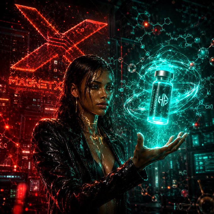 A cyberpunk-style image of a woman in a black jacket holding a glowing vial labeled 'MAGNETX' in a futuristic city with red neon signs and chemical structure graphics floating in the air.