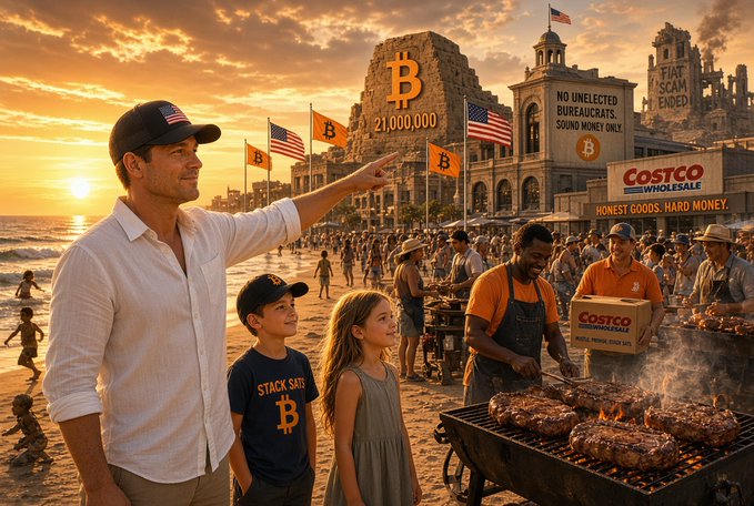 A stylized, AI-generated image depicting a man in an American flag cap and two children in Bitcoin-themed clothing pointing toward a surreal beach landscape featuring a Bitcoin pyramid monument, Costco grills, and American flags at sunset.