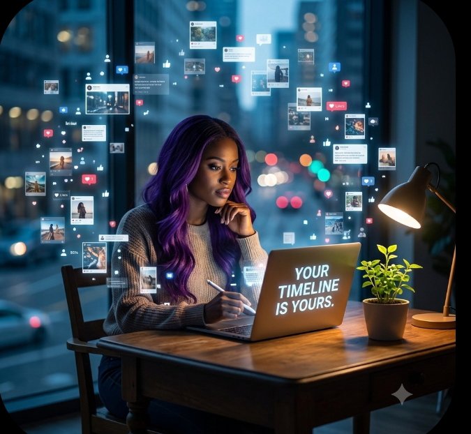 An AI-generated image of a woman with purple hair sitting at a desk with a laptop displaying 'YOUR TIMELINE IS YOURS,' surrounded by floating social media posts and notifications in a nighttime city setting.