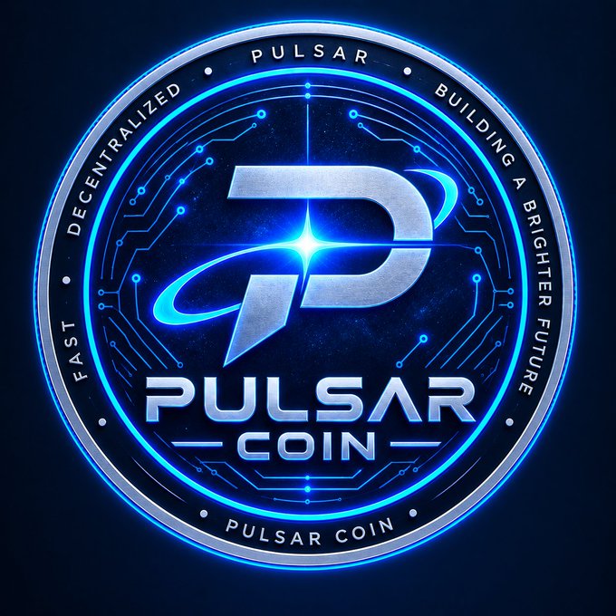 A digital logo for 'Pulsar Coin' featuring a stylized 'P' with a planetary ring, surrounded by text reading 'Decentralized,' 'Fast,' 'Pulsar,' 'Building a Brighter Future,' and 'Pulsar Coin.'