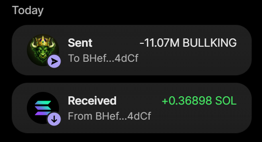 A crypto transaction screenshot confirms a successful purchase, showing 11.07M BULLKING tokens sent and 0.36898 SOL received from the address BHef...4dCf.