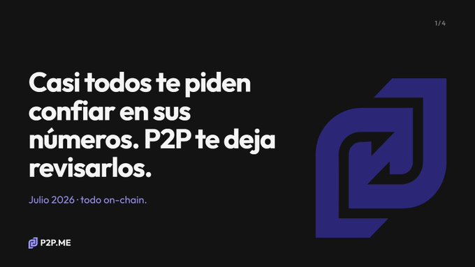 An advertisement for P2P.ME in Spanish reading 'Casi todos te piden confiar en sus números. P2P te deja revisarlos.' dated July 2026, featuring a purple logo design.