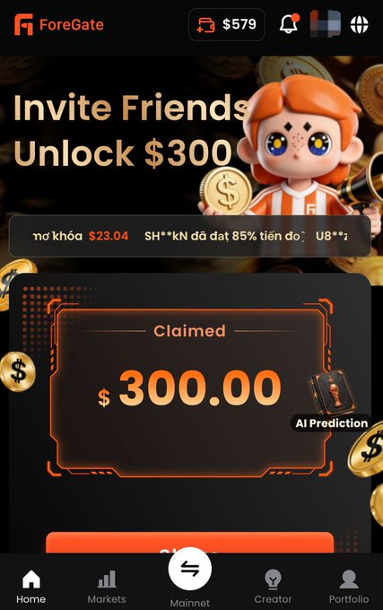 The image shows a ForeGate mobile app promotional screen titled "Invite Friends Unlock $300," featuring an orange-haired cartoon character holding a gold coin and a confirmation card displaying "Claimed $300.00" with an "AI Prediction" badge, aligning with the post's announcement about ForeGate's new invite-friends event offering up to 300 USDT in cash rewards.