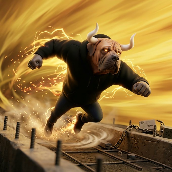 A dramatic digital illustration of an anthropomorphic pitbull with glowing yellow eyes and horns, wearing a black hoodie and bursting forward through a ruined concrete rooftop with sparks and yellow lightning swirling around it.