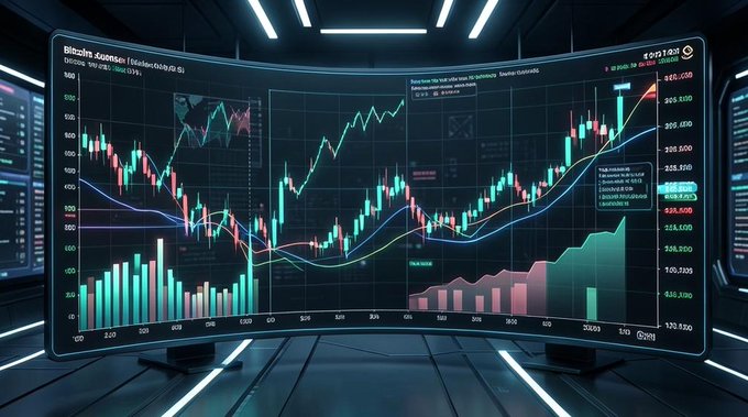 A curved monitor displays a cryptocurrency trading chart with Bitcoin prominently featured, showing candlestick patterns, line graphs, and volume bars in green and red against a dark futuristic setting.