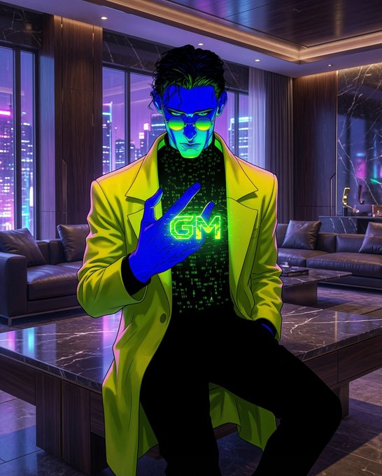 A stylized digital illustration of a man with blue-tinted skin wearing a bright yellow jacket, holding up his hand to display the glowing green text 'GM' (Good Morning).
