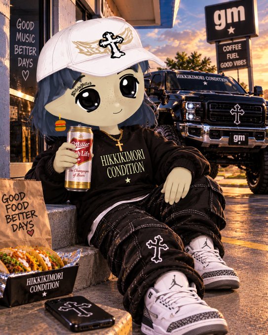 An anime-style character sits at a gas station holding a Miller Lite can, wearing a white cross cap and a black "HIKKIKIMORI CONDITION" shirt, with signs reading "gm COFFEE FUEL GOOD VIBES" and "GOOD FOOD BETTER DAYS" nearby.