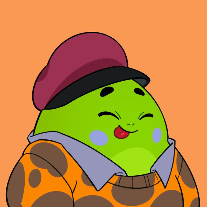 The image features a cartoon character, likely a frog or a green monster, wearing a hat with a purple band and a shirt with orange polka dots. The character appears to be smiling and has its tongue sticking out playfully. The background is an orange color that contrasts with the character's outfit, making it stand out even more. The image also contains text that reads "What stands out about the @sleepagotchi community is that it feels far more connected to actual product usage than to the usual short term Web3 hype cycles". This suggests that the character and its creator are focused on creating a fun and engaging experience for users, rather than following traditional trends or hype cycles.